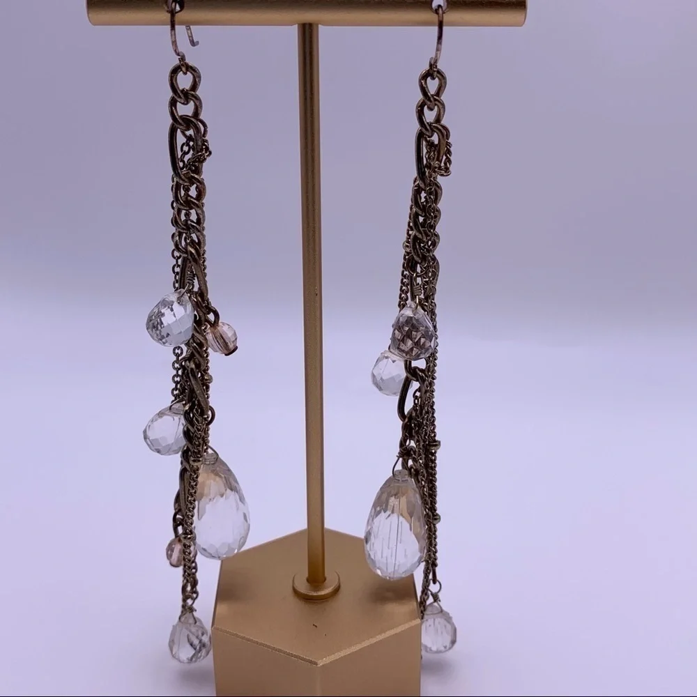 Gold Toned Chain and Clear Beaded Dangle Earrings